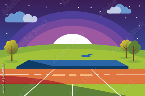 Nighttime Long Jump Track Field Flat Design Illustration