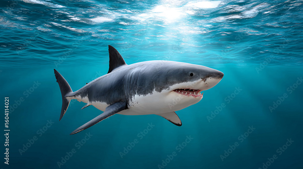 Fototapeta premium Great White Shark in Ocean Depths, Marine Life Photography, Dramatic Environment