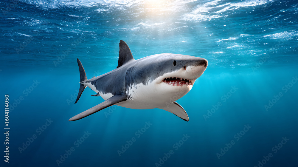 Naklejka premium Swimming Action of a Great White Shark in the Ocean's Depths Under Bright Sunlight