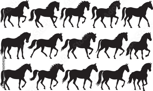 Black horse silhouettes in motion white background running