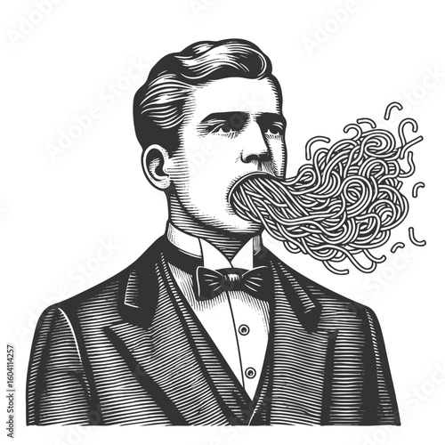 serious man in formal clothing with spaghetti flowing from his mouth in surreal fashion sketch engraving fictional character vector illustration. Scratch board. Black and white image.