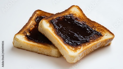 Two slices of golden toast smothered in dark spread on a clean, white surface