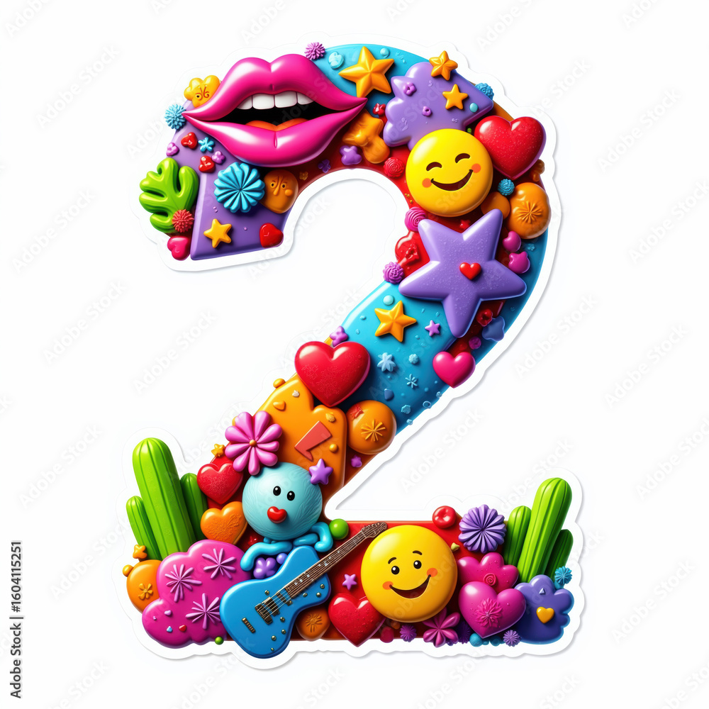 Naklejka premium The number 2 is filled with colorful decorations, hearts, stars, and smiley faces on a white background, perfect for a birthday card.