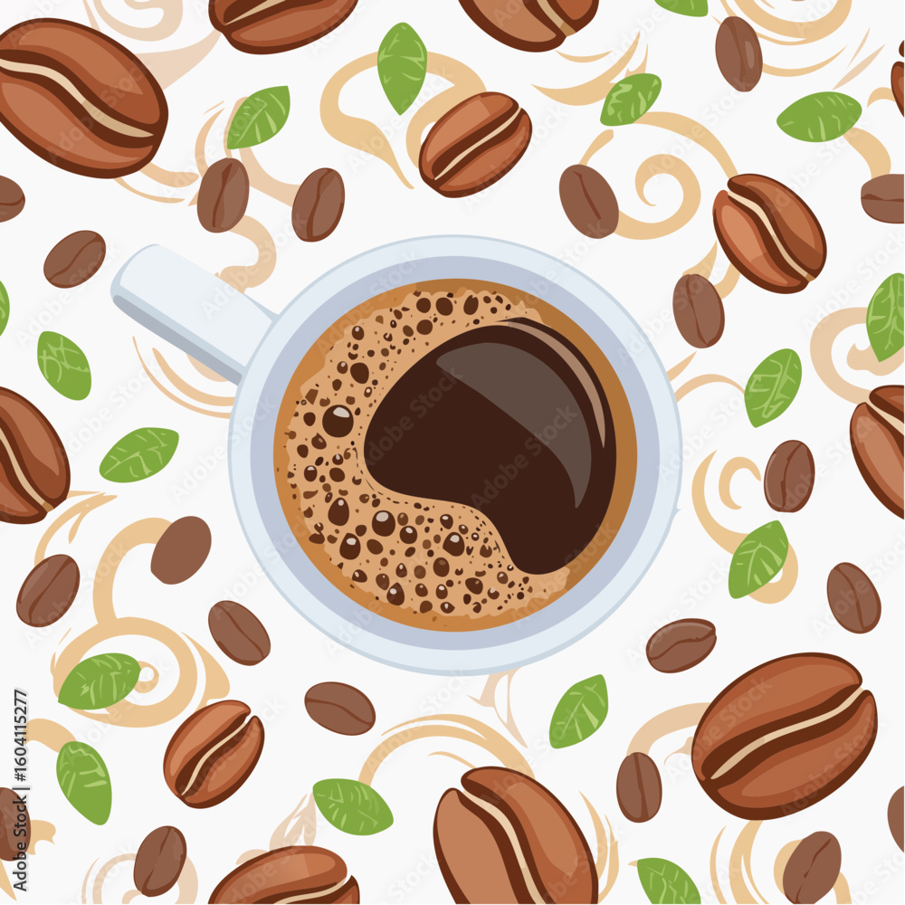 Obraz premium Vector seamless pattern of coffee cups, beans, and steam swirls, fully editable and tileable for print or web
