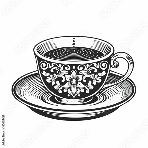 Vintage coffee cup vector with ornate saucer, engraved style, black and white, editable for logo or print design