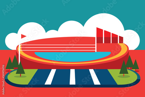 Flat Design Stadium Illustration: Colorful Track and Field Venue