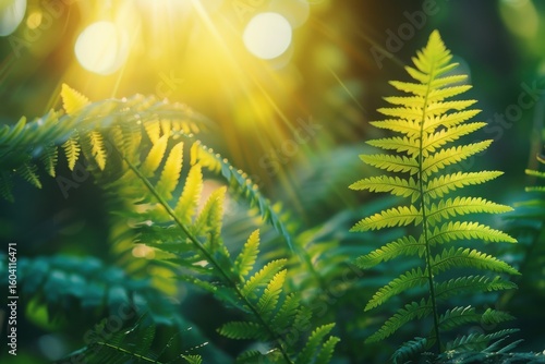 Ferns in the forest, Bali. Beautiful ferns leaves green foliage. Close up of beautiful growing ferns in the forest. Natural floral fern background in sunlight.