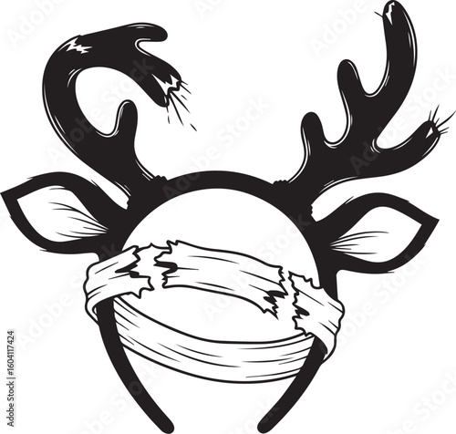Black reindeer antlers headband with torn fabric white