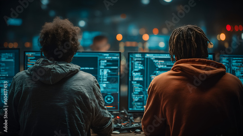 Tech Wizards at Work: Two dedicated individuals, engrossed in their craft, delve into the complex realm of technology, surrounded by the glow of multiple monitors.