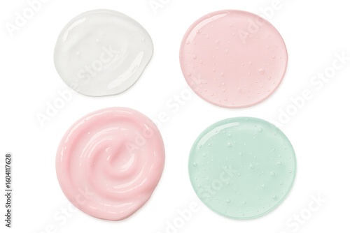 Different textured skincare gels displayed on a white background in a bright setting