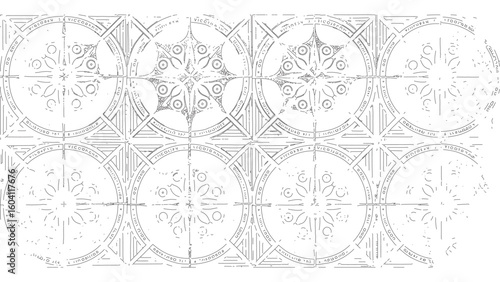 Intricate Circular Pattern Design with Geometric Elements and Textual Inscriptions Overlay