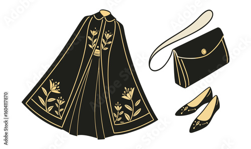 Elegant Black Outfit with Gold Details – Dress, Clutch, Shoes 