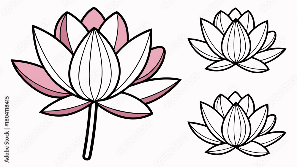 Fototapeta premium Pink and White Lotus Flower Vector Variations Closed Bud Open Bloom
