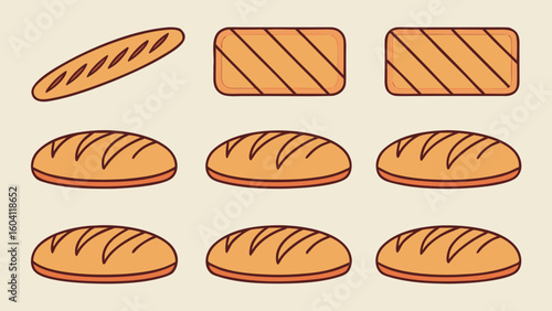 Six Global Bread Types Vector Illustration Baguette Loaf