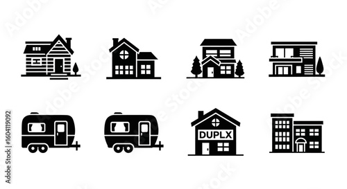 Collection of black and white vector icons depicting various types of houses and trailers.