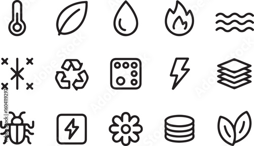 A sat of Collection of clean line art icons representing nature technology and science