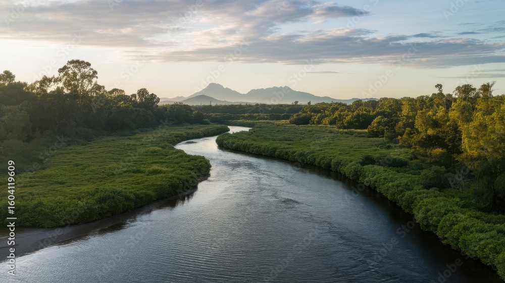 Fototapeta premium Serene river landscape with verdant banks and distant mountain range at sunset