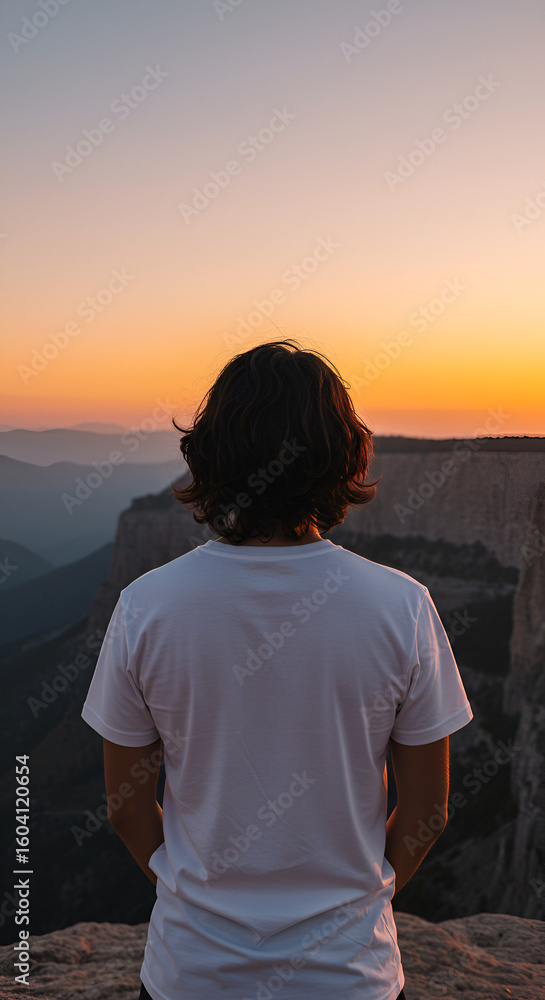 Fototapeta premium Person gazing at sunset over mountains