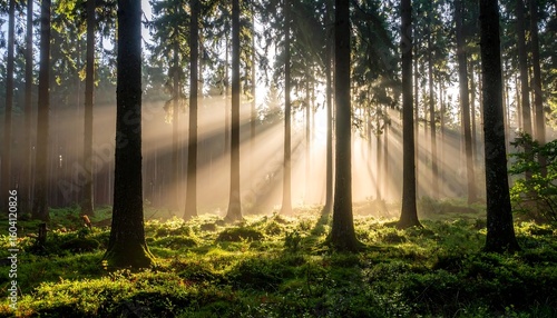 Sunlight streams through misty forest