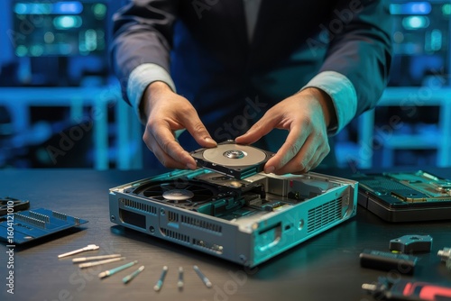 Man holding bitcoin near open hard drive and computer components