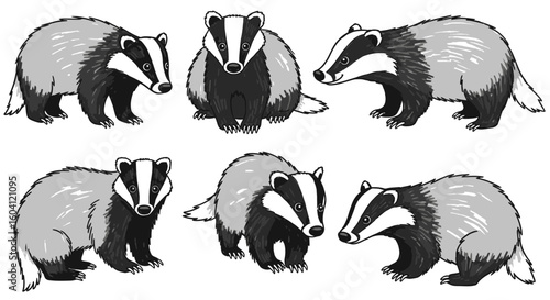 Six illustrated badgers in various poses on white background  