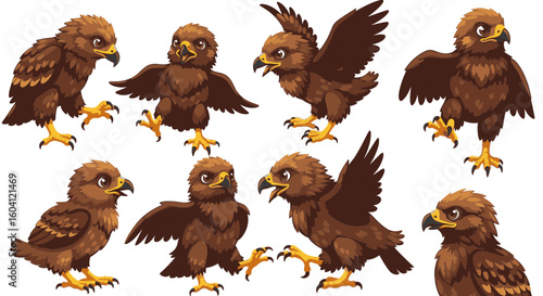 Colorful cartoon hawk characters in various poses and expressions  