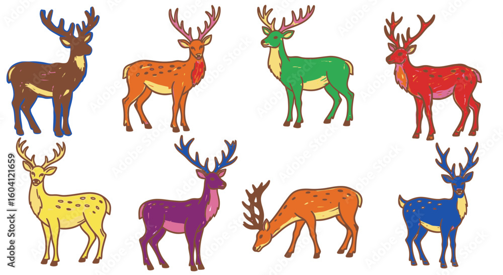 Obraz premium Colorful cartoon reindeer in various poses and vibrant shades 