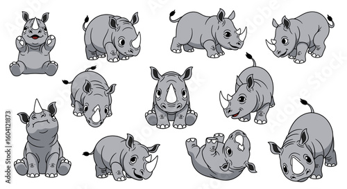Cute cartoon rhinoceroses in various playful poses and expressions  