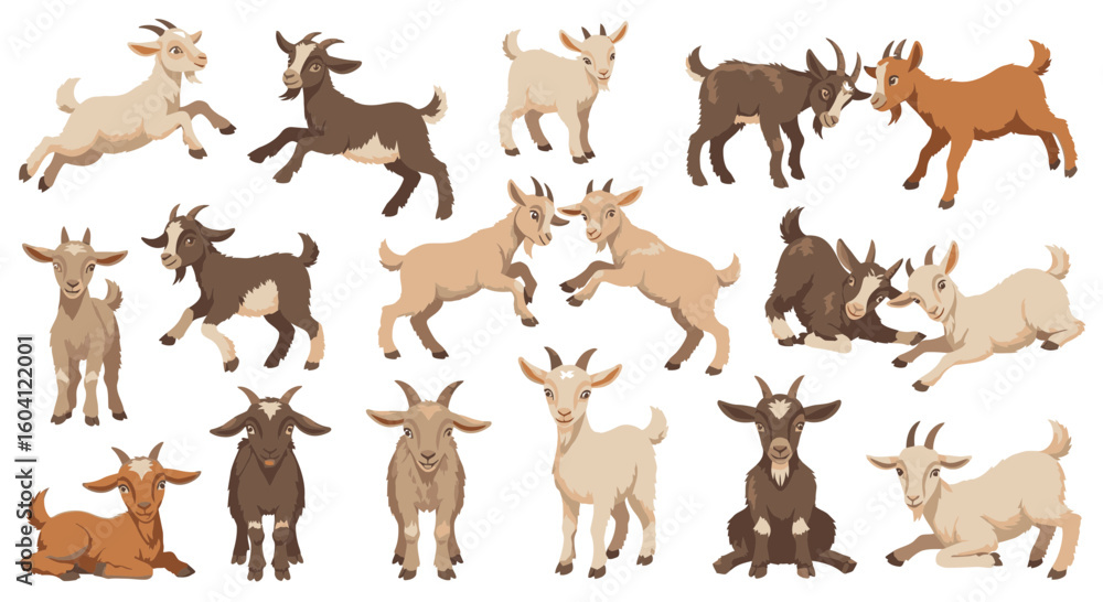 Obraz premium Various cartoon goats playing and interacting in playful poses 