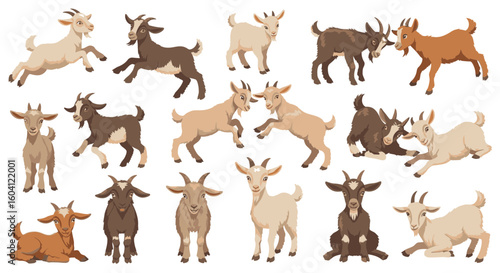 Various cartoon goats playing and interacting in playful poses  