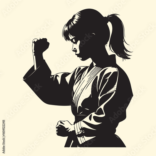 Young girl in martial arts uniform practicing a punch karate judo