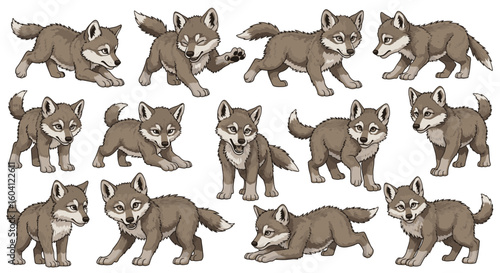 Cartoon wolf characters in various playful poses and expressions  