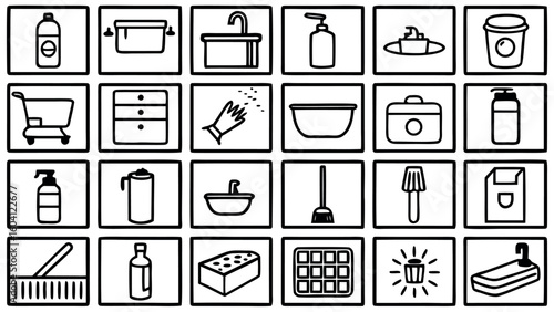 Minimal Black Line Art Grid of Bathroom Essentials with Editable Stroke Label