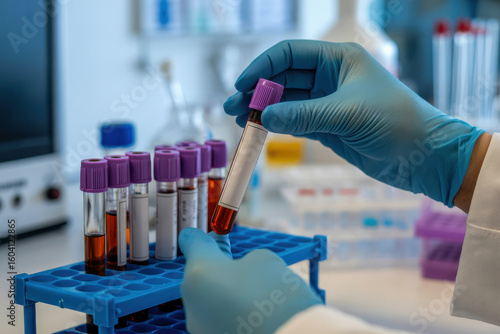 Scientist in blue gloves handling blood samples in a laboratory