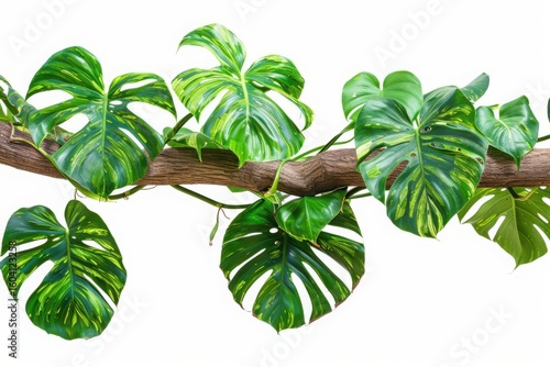 Green leaves of native Monstera (Epipremnum pinnatum) liana plant growing in wild climbing on jungle tree, tropical forest plant evergreen vines bush isolated on white background with clipping path