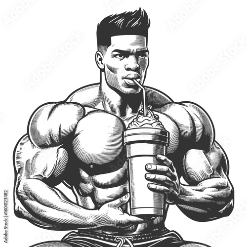 strong, muscular man drinking a protein shake, symbolizing fitness, nutrition, and bodybuilding dedication sketch engraving vector illustration. Scratch board. Black and white image.