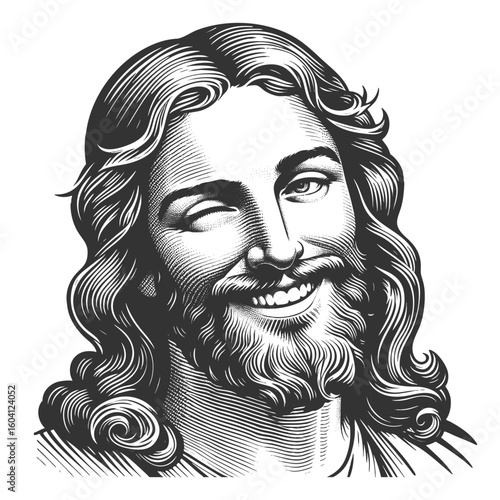 Jesus Christ with a crown of thorns, smiling and winking playfully, surrounded by a radiant halo sketch engraving fictional character vector illustration. Scratch board. Black and white.