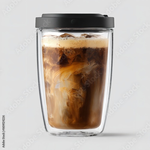 Iced coffee drink with milk in glass cup with black lid beverage refreshment caffeine drink cold brew coffee