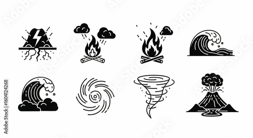 Natural Disaster Line Icon Set – Earthquake, Wildfire, Tsunami, Hurricane, Tornado, Volcanic Eruption, Extreme Weather Vector

