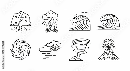 Natural Disaster Line Icon Set – Earthquake, Wildfire, Tsunami, Hurricane, Tornado, Volcanic Eruption, Extreme Weather Vector

