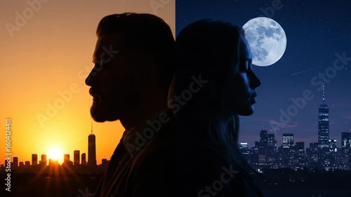Silhouettes of Man and Woman at Sunset and Moonrise