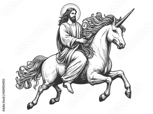 Jesus Christ with radiant halo riding a majestic unicorn sketch engraving fictional character vector illustration. Scratch board imitation. Black and white image.