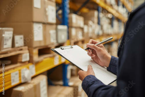 Warehouse worker checks inventory on clipboard with pen