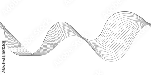 A minimalist abstract design featuring a dynamic, flowing wave pattern composed of thin, parallel lines in shades of gray, creating subtle depth on a clean white background.