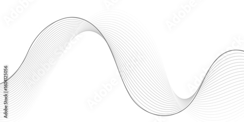 A minimalist abstract design featuring a dynamic, flowing wave pattern composed of thin, parallel lines in shades of gray, creating subtle depth on a clean white background.