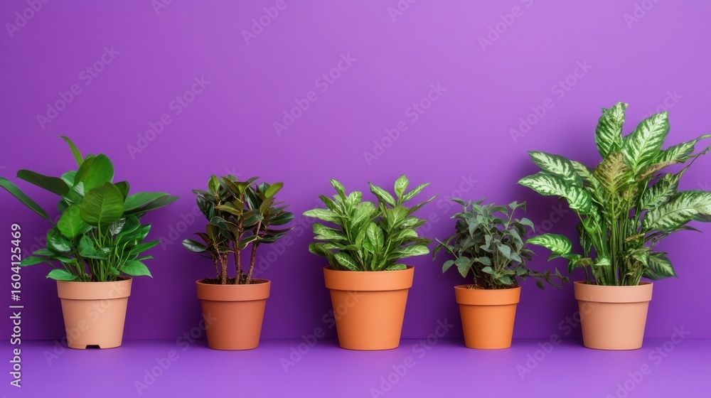 Fototapeta premium Assorted potted plants arranged artistically against a bold purple background