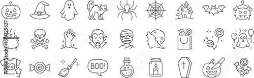 Halloween celebration icon set with spooky elements including pumpkin, skull, zombie, ghost and vampire. Traditional horror symbols and trick-or-treat accessories in linear vector illustration.