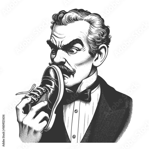 stern bald man intently sniffing a dress shoe, combining surreal humor with classic vintage style sketch engraving fictional character vector illustration. Scratch board. Black and white