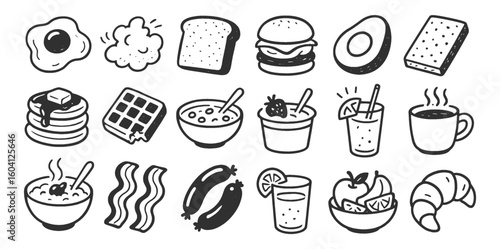 Breakfast doodle icon set. Cute hand drawn sketch illustrations of fried egg, toast, pancake stack, yogurt cup, smoothie glass and sausage links. Black and white cartoon art for morning meal themes.