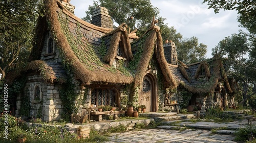 Fotografía A picturesque fantasy stone cottage nestled in lush greenery with a thatched roof, ivy-covered walls, and rustic wooden elements